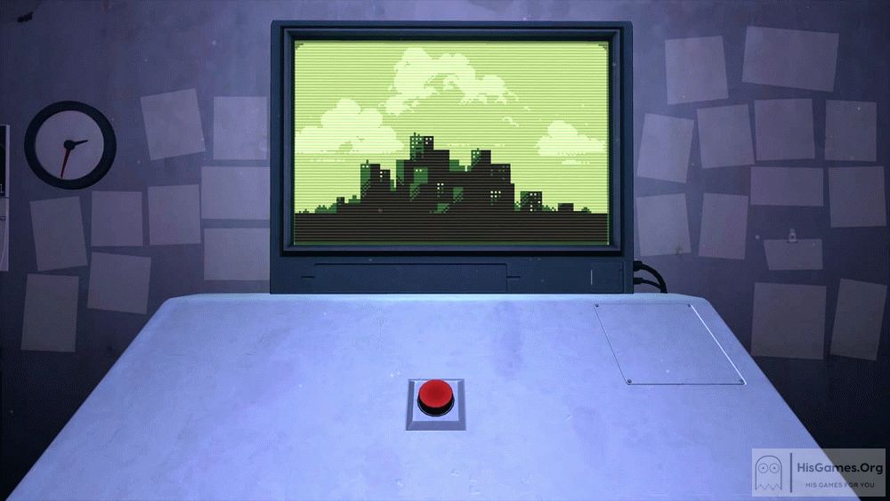 image of please dont touch anything with a gray desk with a red button in the middle, a screen on the wall showing a city and a clock to the left of the screen